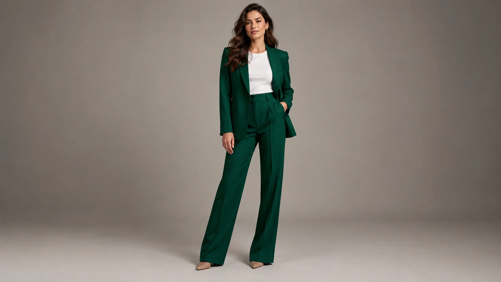 Woman in an emerald tailored suit photographed in a clean studio