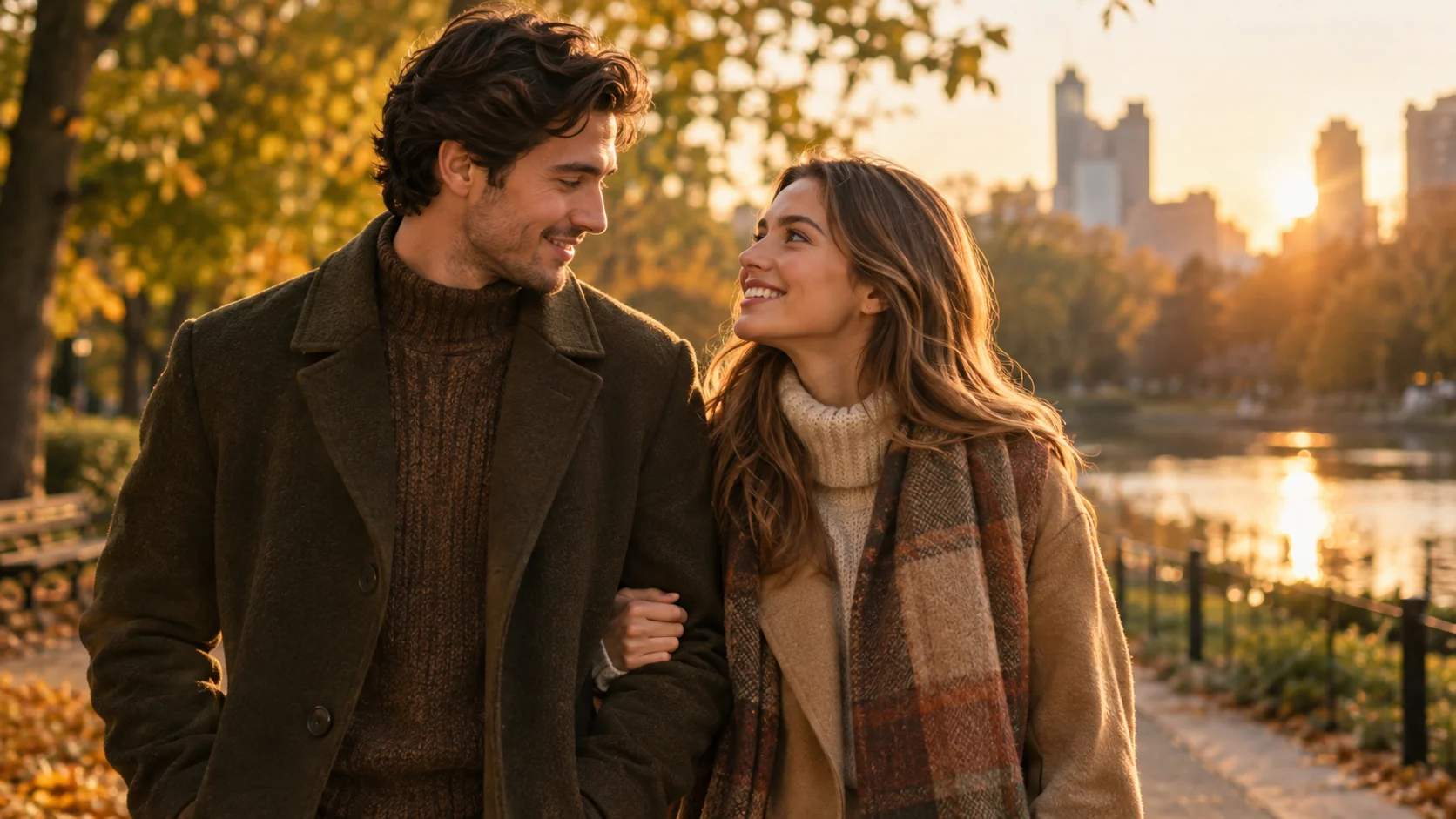 Couple in coordinated autumn clothing photographed at golden hour