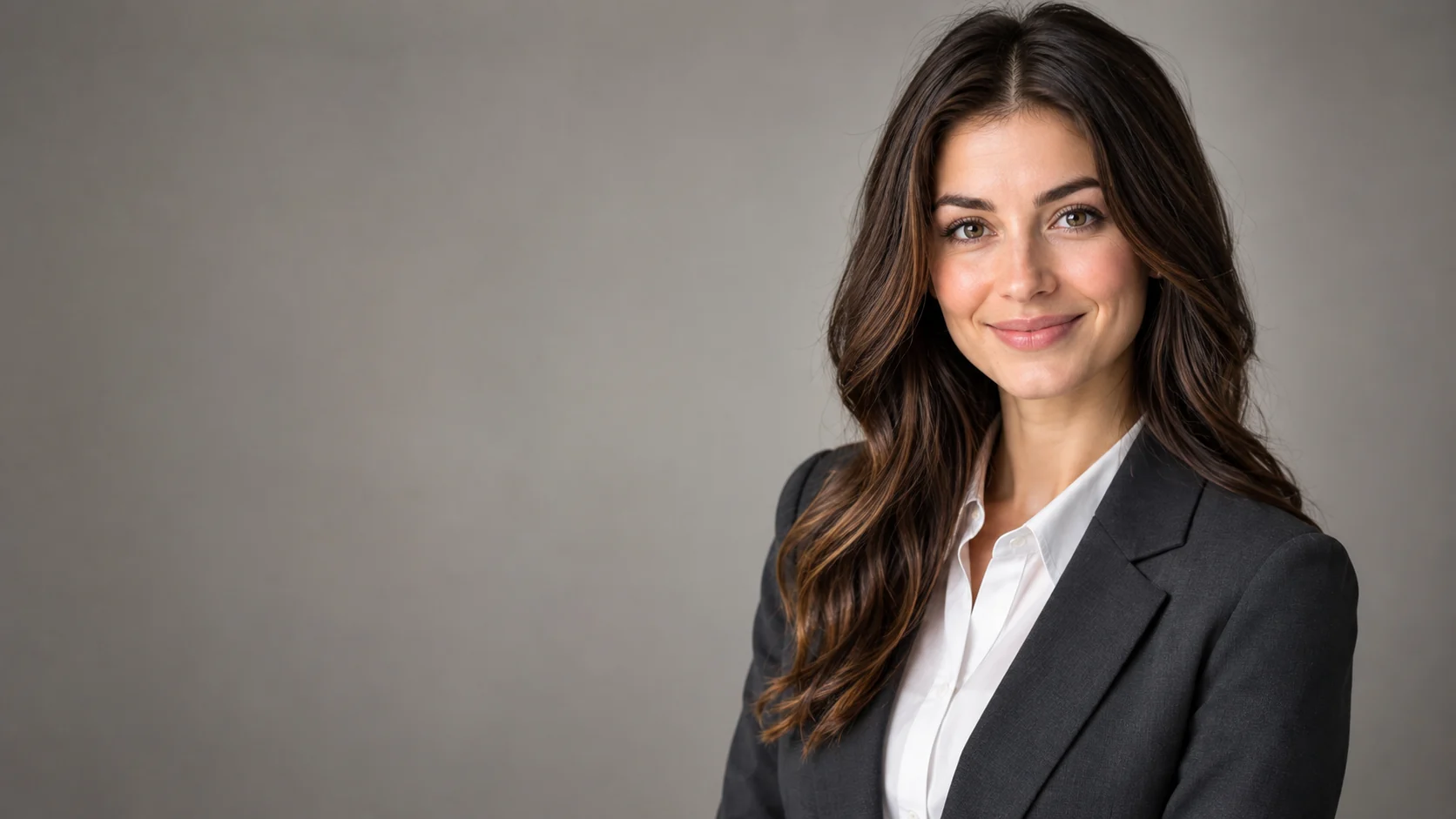 Professional woman in a charcoal blazer photographed against a warm gray backdrop