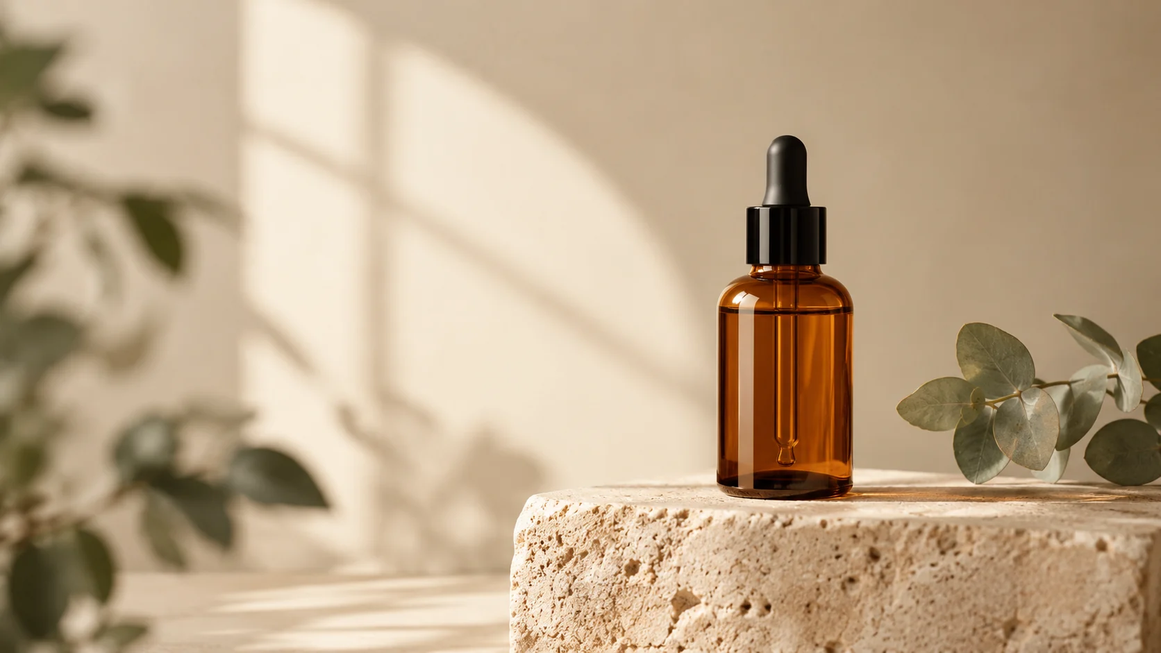 Amber skincare bottle photographed on travertine in a warm editorial studio