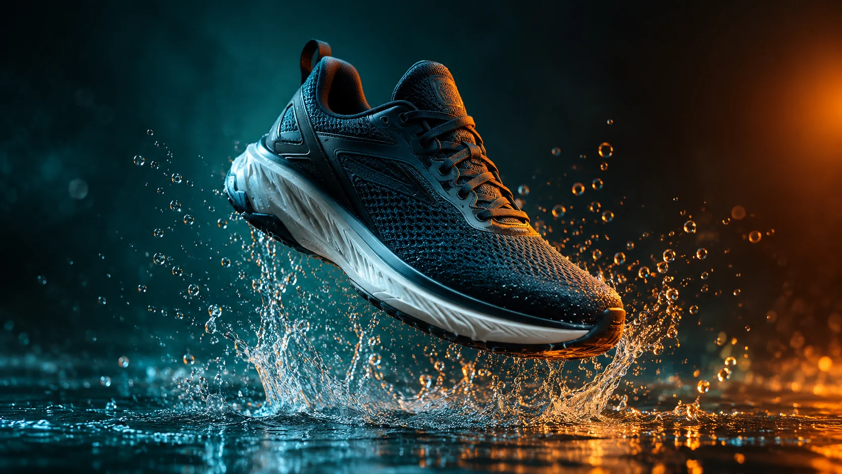 Cinematic sneaker product frame with a water splash and dramatic lighting