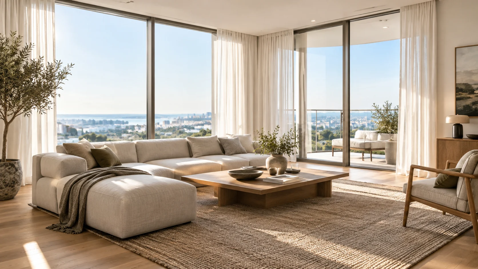 Bright staged living room with linen furniture and large windows