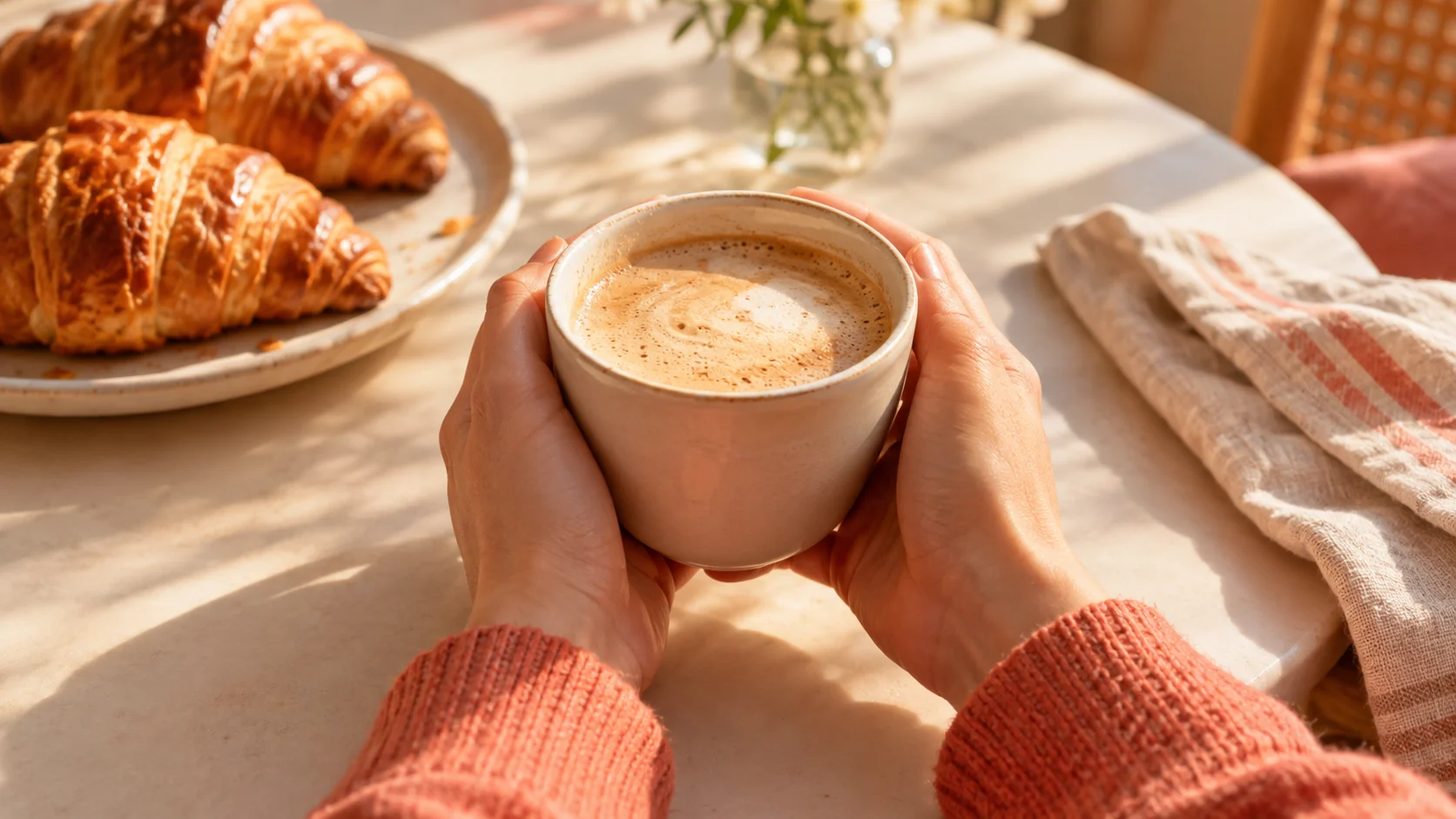 Hands holding a coffee cup in warm morning light with croissants