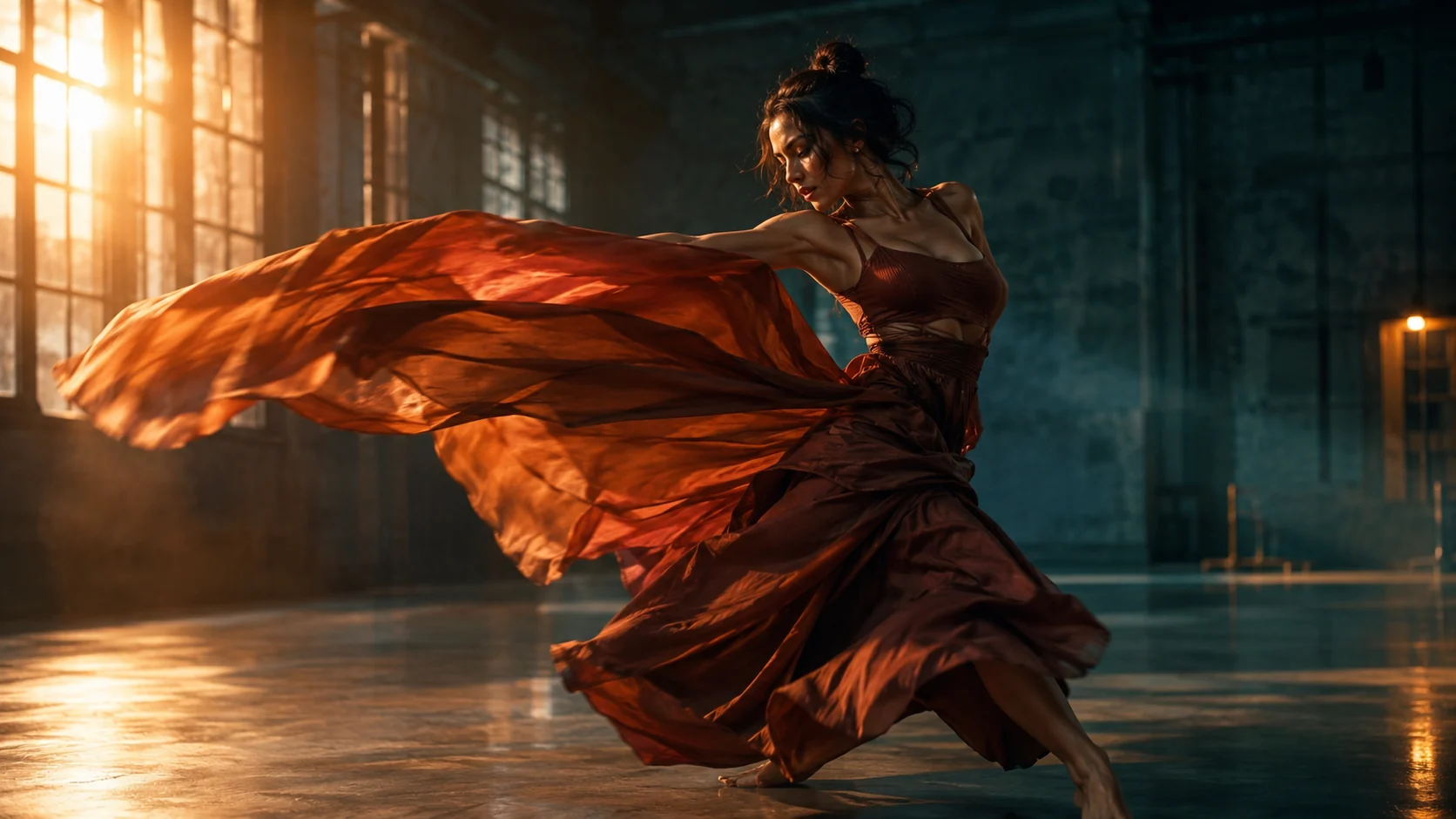 Dancer in rust-colored clothing moving through a cinematic industrial studio