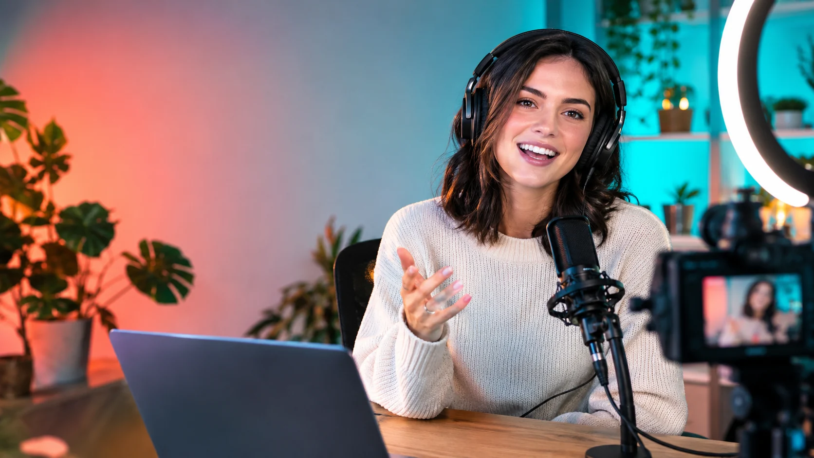 Creator with headphones in a colorful home studio with clean thumbnail composition